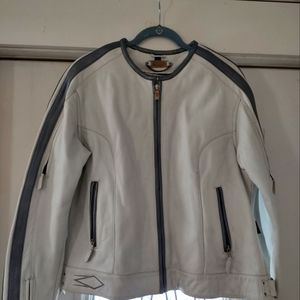 White leather heavy motorcycle jacket XL with gray/silver striping down arms